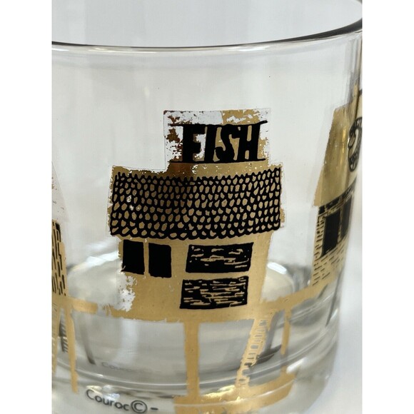 1960's Art Deco 22K Gold Fish Wharf Whiskey Glass San Fran Barware Arcoroc Set-2 - Picture 8 of 11